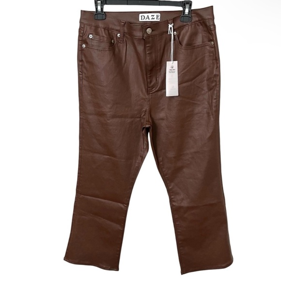 Daze Pants Size 32 Brown Faux Leather High Waist Crop Flare - Picture 2 of 11